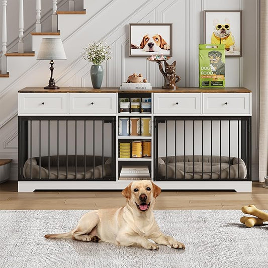 GarveeHome 82" Double Dog Crate Furniture, Large Dog Kennel Indoor for 2 Dogs, Heavy Duty Wooden Dog Crate TV Stand with 4 Drawers and Shelves, White/Brown