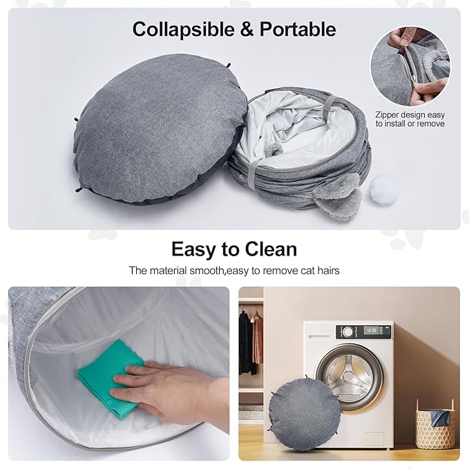 Odoland Summer Linen Cat Tunnels for Indoor Cats with Cooling Central Cat Bed, Interactive Cat Toys Detachable Soft Mat and Variety Kitty Toy Set Grey