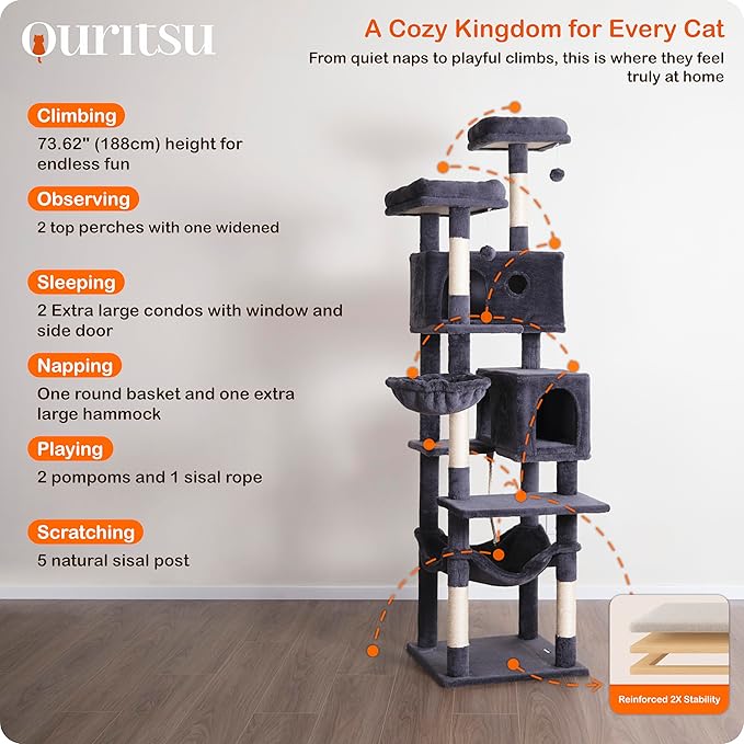 Ouritsu Cat Tree, 73.6 inch Tall Cat Climbing Tower for Large Cat Indoor with 2 Large Condos, 2 Widened Perches, Sisal Covered Scratching Posts, 2 Hammocks, Dark Gray, XLF001DG