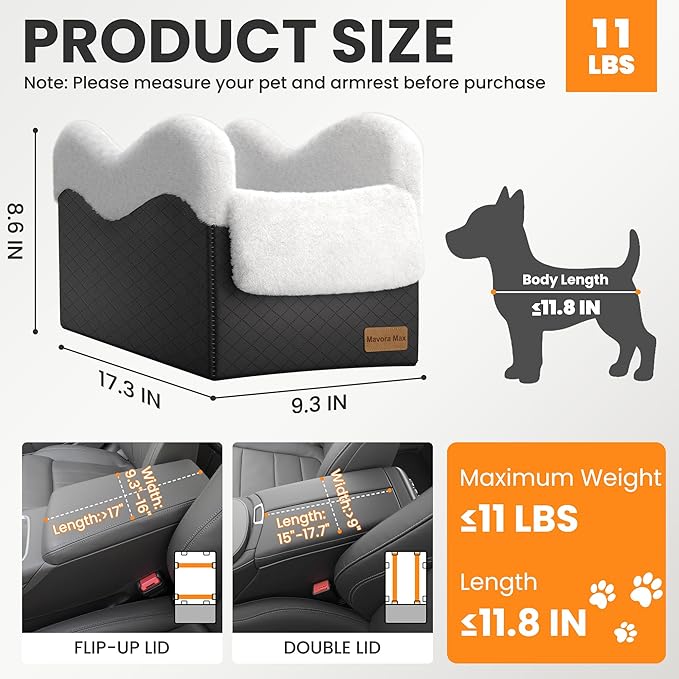 Portable Small Dog Seat for Car, Luxury Center Console Dog Car Seat Booster with Safety Tethers, Anti-Collapse Pet Travel Carseat for SUV, Truck (Black/White)