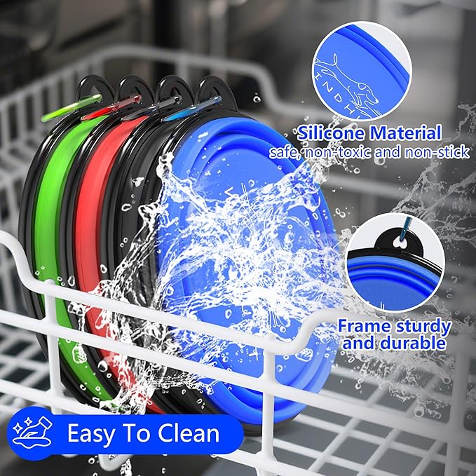 2-Pack Collapsible Dog Bowls, Portable Travel Pet Bowl with Carabiner – Foldable Silicone Feeding Dish for Dogs and Cats On-The-Go (Black + Blue)