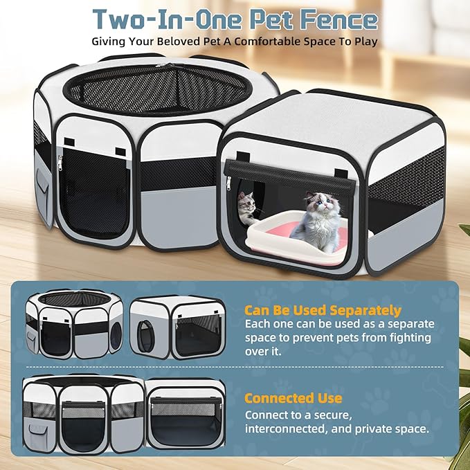 Portable Pet Cat Playpen, Foldable Dog Playpen for Indoor and Outdoor Use, Two in One Pet Playpen for Puppies Medium-Sized Dogs Kittens Travel Camping Use, Cat Tent & Houses