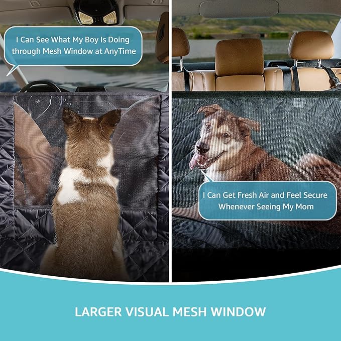 Dog Car Seat Cover for Back Seat | Mesh Window & Safety Belt | 100% Waterproof Dog Hammock for Safe Travel with Side Door Protectors | Non-Slip, Scratchproof Pet Rear Seat Cover for Car, SUV,Truck