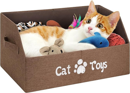 2X Thicker Large Cat Toy Bin - Collapsible Box, Sturdy Basket, Kitten Storage Bed for Organizing Toys, Treats, Clothes and Accessories (Brown)
