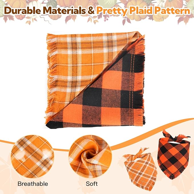 Kytely Dog Bandana Fall Christmas XLarge 2Pack, Halloween Thanksgiving Dog Bandanas, Orange Plaid Pet Scarf for Boy and Girl, Holiday Bandana Reversible Triangle Bibs Accessories for Dogs Pets