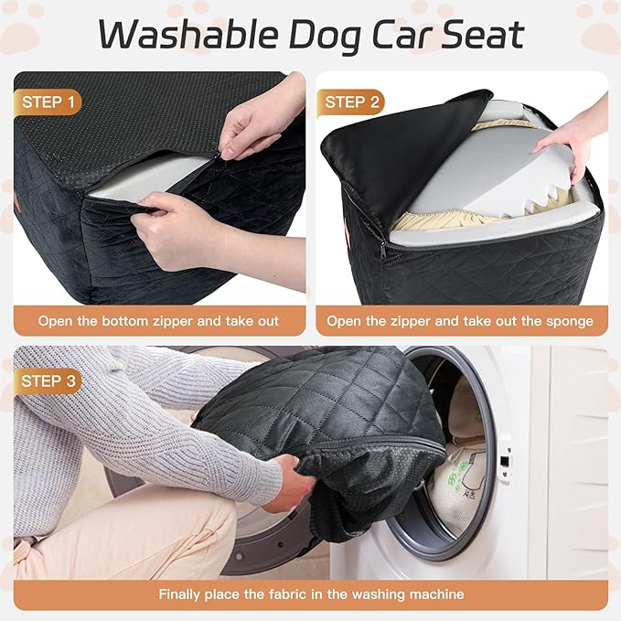 Dog Car Seat for Small/Medium Dogs Under 35lbs, Detachable & Washable Elevated Pet Travel Bed, 2 Storage Pockets & Safety Belt, Anti-Slip Base, Dog Booster Car Seat with Seamless Bottom Design
