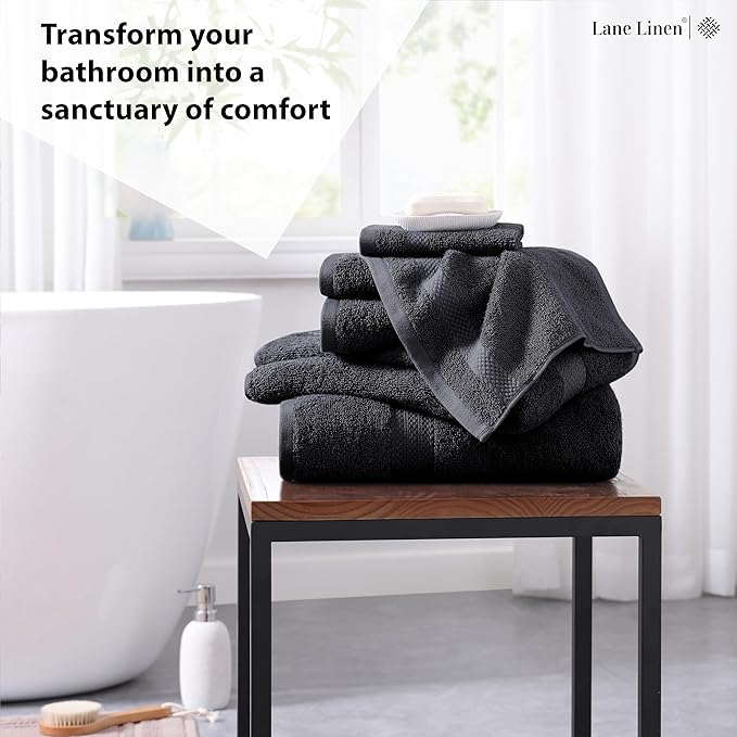 LANE LINEN 100% Cotton Luxury Bath Towel Set - 6 Pieces - Ring Spun, Super Soft & Highly Absorbent - 2 Bath, 2 Washcloths, 2 Hand Towels for Bathroom - Holds Well After Multiple Washes - Black