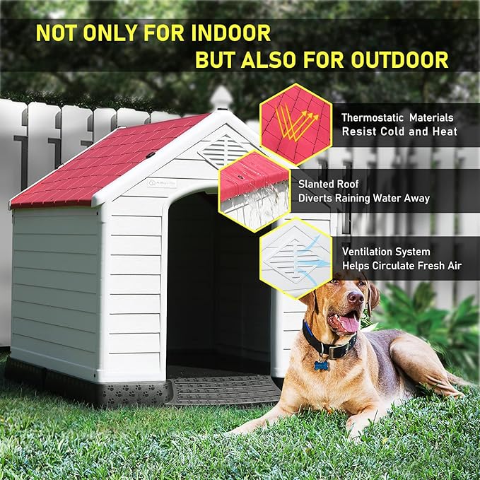 LEMBERI Durable Waterproof Plastic Dog House for Small to Large Sized Dogs, Indoor Outdoor Doghouse Puppy Shelter with Elevated Floor, Easy to Assemble (Red, 34''L*31''W*32''H)
