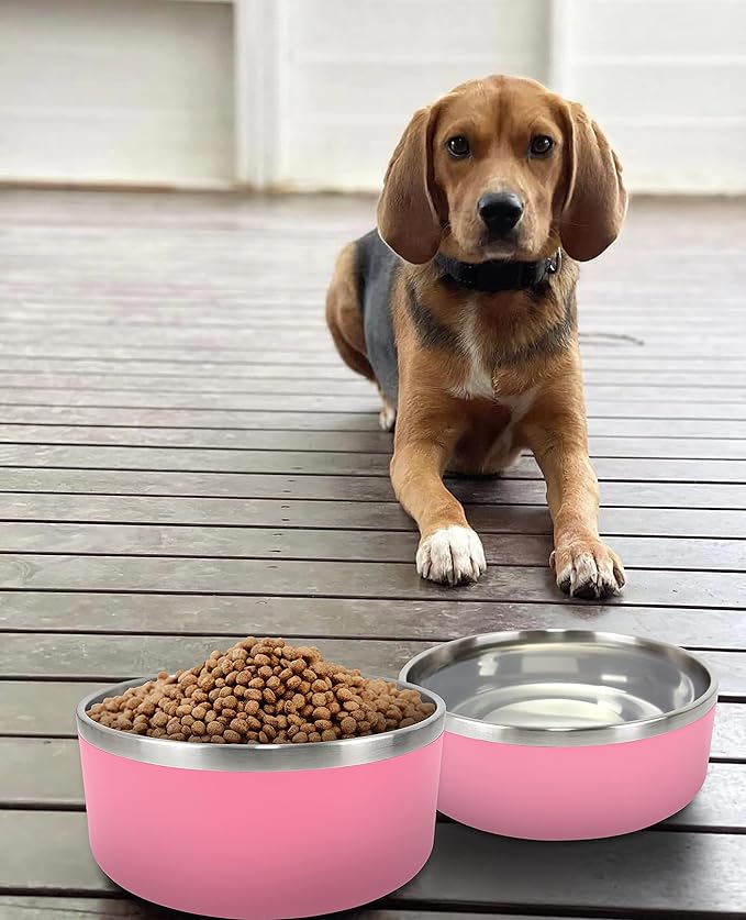 IKITCHEN Dog Bowl for Food and Water, 64 Oz Stainless Steel Pet Feeding Bowl, Durable Non-Skid Double Wall Insulated Heavy Duty with Rubber Bottom for Medium Large Dogs (64 Ounces/8 Cup, Pink)