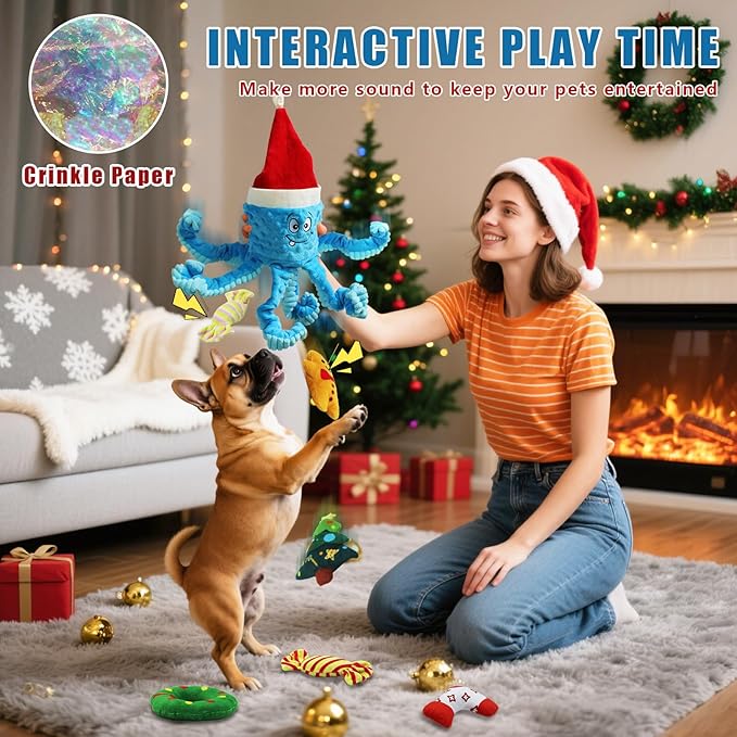 Squeaky Dog Toys, Christmas Octopus Dog Toy with 10 Pcs Small Dog Toy, Interactive Tug of War Dog Plush Toy, Crinkle Dog Toy Plush Dog Toys (Blue)