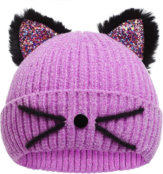 Kids Girls Cat Ear Hat Winter Warm Knit Beanie Cute Ski Skull Cap for Ages 7-12