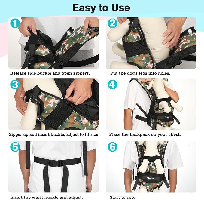 Pawaboo Pet Dog Front Carrier Backpacks, Legs Out Pet Carrier Backpack for Dogs, Adjustable Easy-fit Dog Chest Carriers for Small Medium Dogs Hands Free for Travel Hiking Cycling Camping, XL, Camo