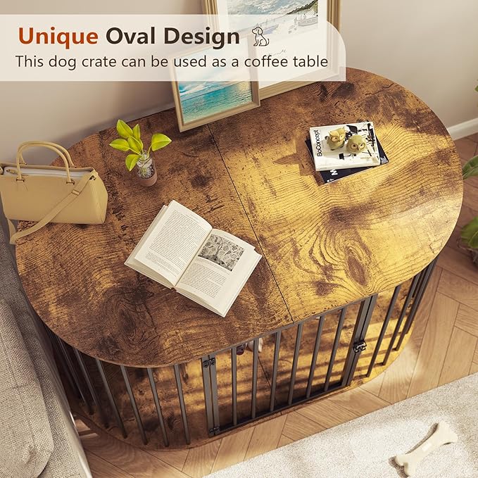 TVU 48 Inch Dog Crate Furniture, Heavy Duty Dog Kennel Indoor for Large Dogs, Oval Decorative Pet House End Table for Living Room, Bedroom, Hallway, 47.2" L x 27.6" W x 31.5" H, Rustic Brown, Black