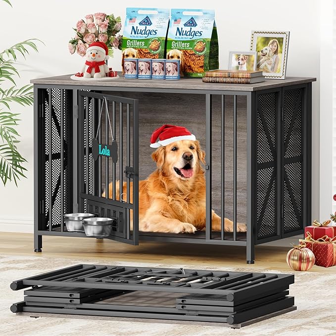 EasyCom Foldable Dog Crate Furniture, 41.3" Dog Crates for Medium/Large Dogs, Wooden Dog Kennel Indoor with Tag & Adjustable Bowls, Dog Cage Use as End Table/TV Stand, Oak Grey