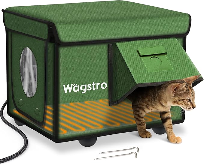 Heated Cat House for Outside, Waterproof Awning & Escape Door Heated Cat Houses for Indoor/Outdoor Cats in Winter, Elevated & Insulated Outdoor Cat Shelter for Feral Cat(Green, 16.5"x12.6"x13")