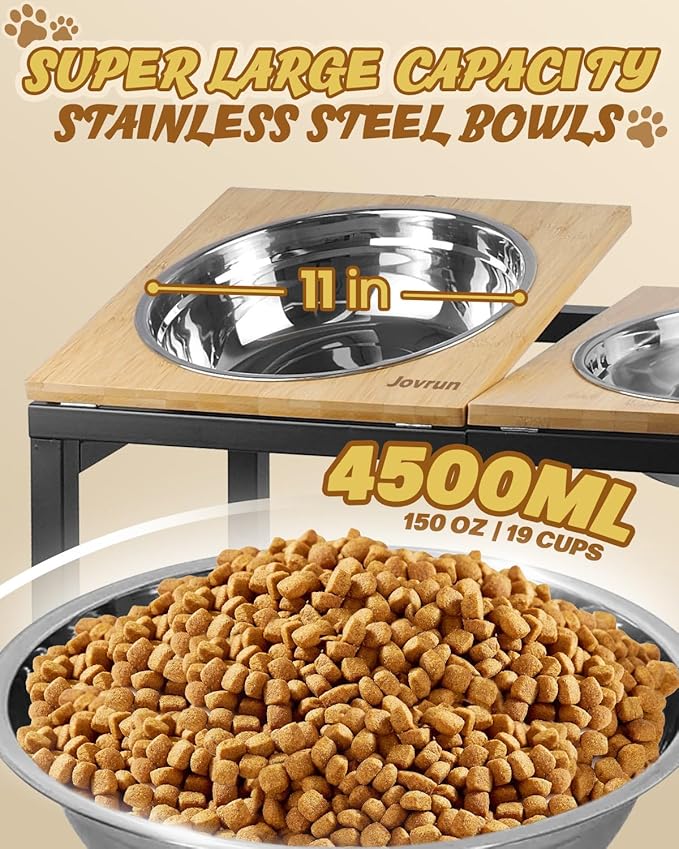 Elevated Dog Bowls Large Breed, 15"-20.5" H 4500ML Raised Dog Bowls for Large Extra Large Dogs, Bamboo Bowl Elevated with Stainless Steel Bowl, Metal Stand Adjustable Dogs Feeder