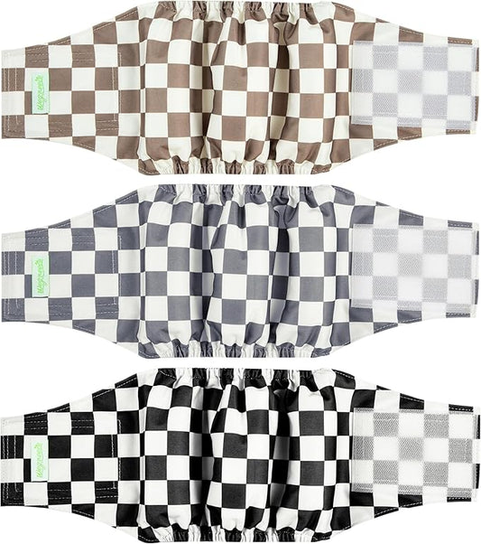wegreeco Washable Male Dog Belly Band (Stylish Pattern)- Pack of 3 - Washable Male Dog Belly Wrap, Dog Diapers Male (Black, Grey, Dark Coffee Checkerboard, X-Large)