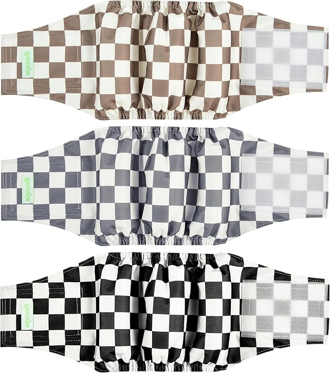 wegreeco Washable Male Dog Belly Band (Stylish Pattern)- Pack of 3 - Washable Male Dog Belly Wrap, Dog Diapers Male (Black, Grey, Dark Coffee Checkerboard, Large)