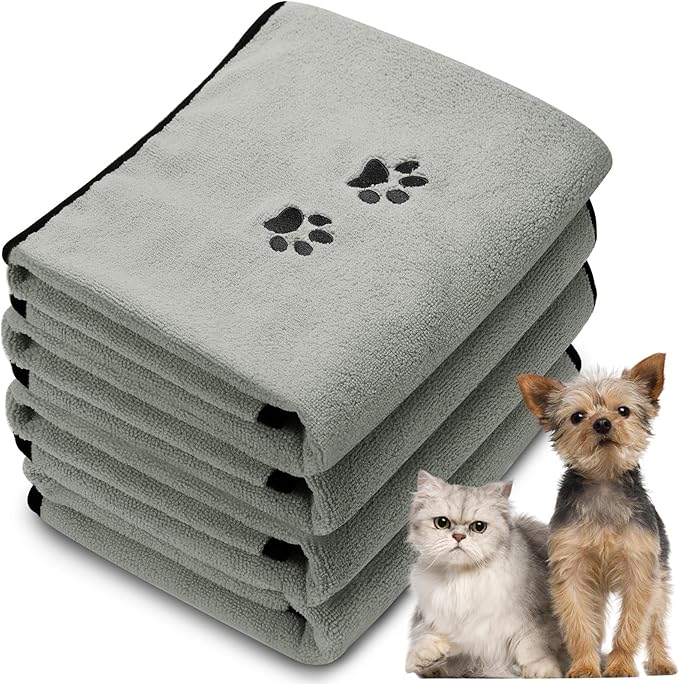 Tegeme 4 Pack Dog Towels for Drying Microfiber Soft Absorbent Pet Bath Towel Dog Drying Grooming Cloth with Embroidered Paw for Pet Cat Bathing Grooming(27.5 x 55 Inch,Gray)