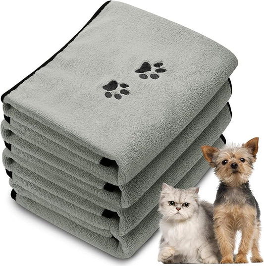 Tegeme 4 Pack Dog Towels for Drying Microfiber Soft Absorbent Pet Bath Towel Dog Drying Grooming Cloth with Embroidered Paw for Pet Cat Bathing Grooming(27.5 x 55 Inch,Gray)
