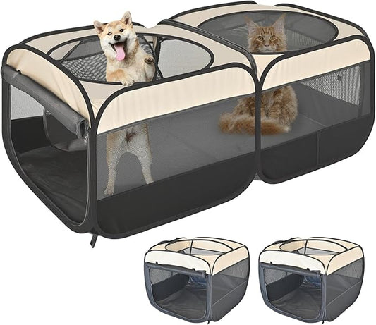 2-in-1 Pop Up Cat Playpen, Detachable into 2 Separate Pens with Additional Doors, Assembly-Free Portable Dog Crates Pet Pen Tent Kennel Kitten Puppy Enclosure Cage Indoor Outdoor Foldable Condo(M)