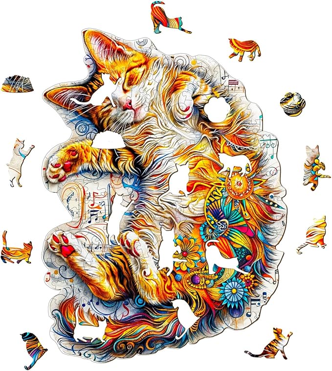 KAAYEE Wooden Puzzles for Adults, Sleeping Cat-2 200 Piece Unique Animal Shape Puzzle, Cat Wood Puzzle for Adults, Creative Gifts for Friends/Family, Home Decor(11.4 * 8.4)