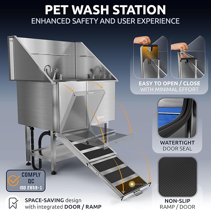 KANIS Professional Dog Washing Station - 304 Stainless Steel Pet Wash Sink & Grooming Bathtub w/Shower, Floor Grates and Storage for Large, Medium & Small Pets (40", Shelf - Left Ramp)