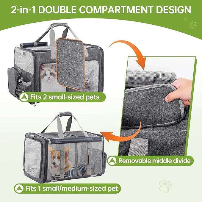 Cat Carrier for 2 Cats - Double Pet Carrier Extra Large, Dual Cabin Multi Cat Travel Carrier with Removable Divider, Collapsible, Can Hold 20 30 40 lbs for Two Small Kitten, a Medium Dog Gray