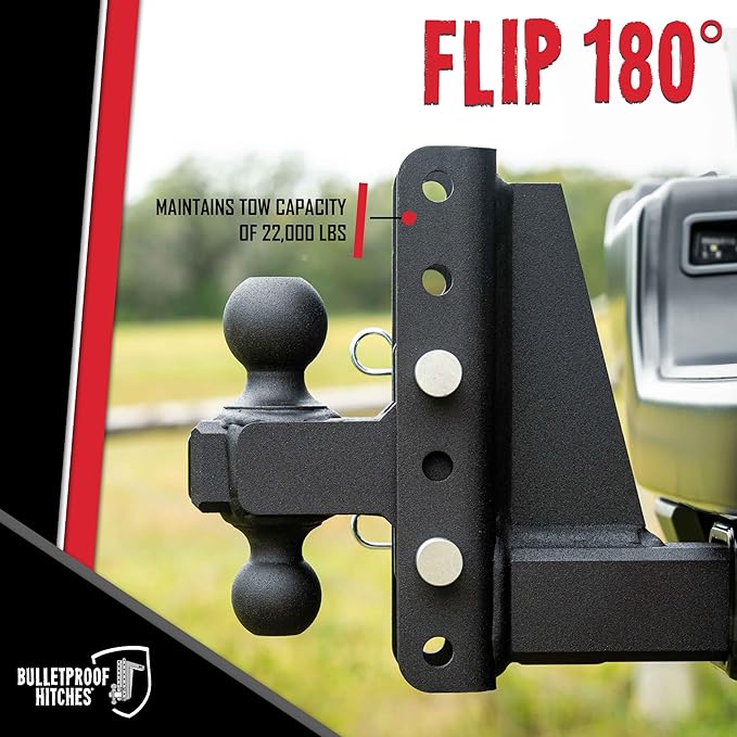 BulletProof Hitches - 2.5" Adjustable Heavy Duty Trailer Hitch (22,000 lb. Rating) - 16" Drop/Rise Trailer Hitch with 2" & 2-5/16" Dual Ball - Powder Coat, Solid Steel, Corrosion-Resistant