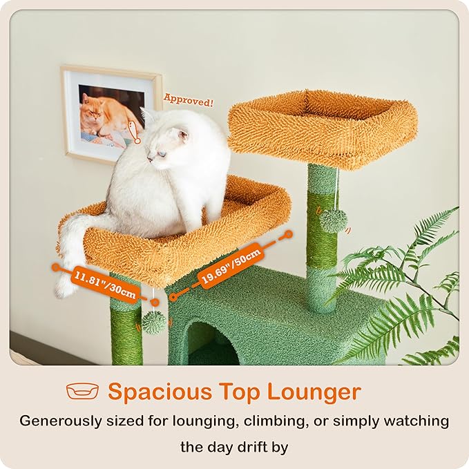 Ouritsu Cat Tree, 73.6 inch Tall Cat Climbing Tower for Large Cat Indoor with 2 Large Condos, 2 Widened Perches, Sisal Covered Scratching Posts, 2 Hammocks, Cactus Green, XLF001GB