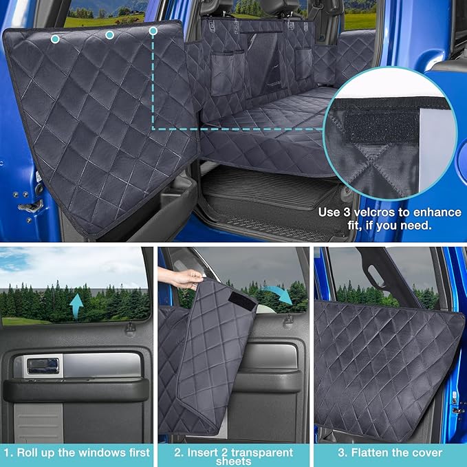 Truck Hard Bottom Car Seat Cover for Dogs | Mesh Window & 2 Safety Belts | 100% Waterproof Sturdy Back Seat Extender with Door Protectors |Non-Slip,Scratchproof Pet Car Rear Seat Protector Fit Pickup