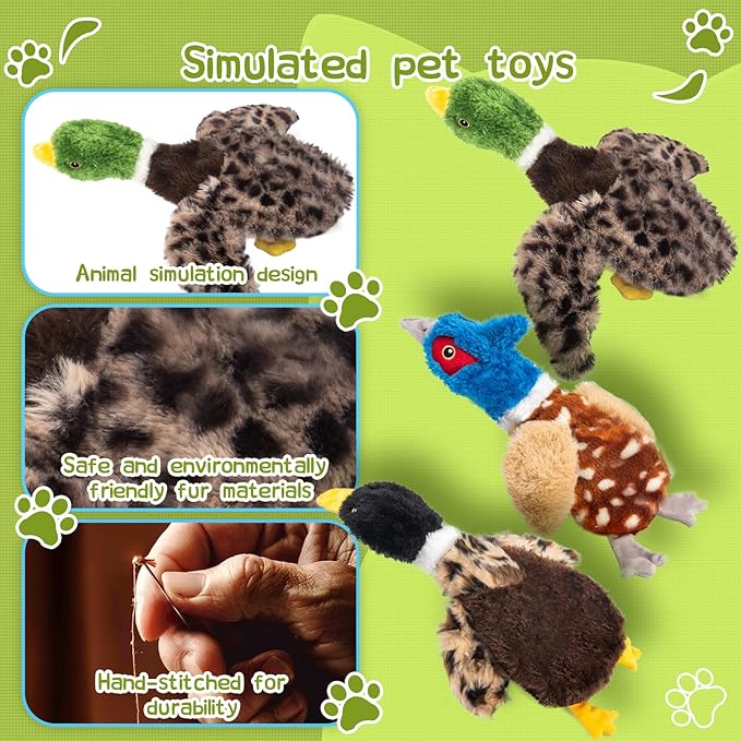 Duck Dog Squeaky Toy for Aggressive Chewers - No Stuffing Durable Plush with 4 Squeakers & Crinkle Wings, Chew Proof Puppy Toys for Small Medium Large Dogs (Green & Brown)