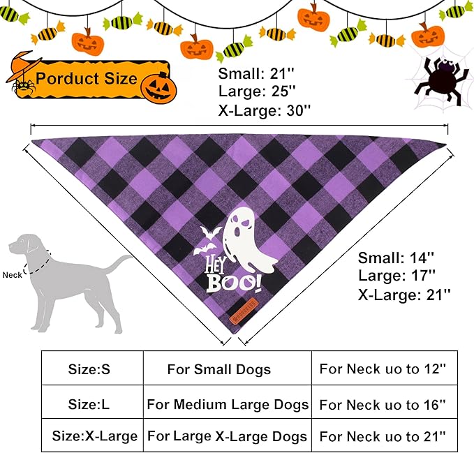 ADOGGYGO Halloween Dog Bandana Reflective Trick or Treat Boo Scarf Orange Purple Plaid Halloween Bandanas for Small Dogs Pets (Small)