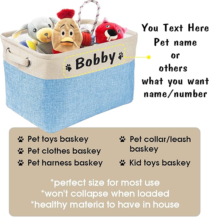 PET ARTIST Collapsible Dog Toy Storage Basket Bin with Personalized Pet's Name - Rectangular Storage Box Chest Organizer for Toys, Coats, Clothing & Accessories, Blue