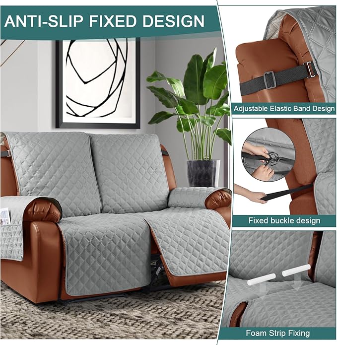 Ruaozz Waterproof Recliner Sofa Cover 1-Piece Couch Covers for Reclining Couches Reclining Sofa Cover Washable Furniture Protector with Elastic Straps Pocket for Kids, Pets (Light Grey, 2 Seater)