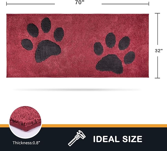 PURRUGS Dirt Trapping Door Mat 32" x 70", Non-Skid/Slip Machine Washable Microfiber Entryway Rug, Dog Doormat, Super Absorbent Welcome Mat for Muddy Wet Shoes and Paws, Burgundy Red