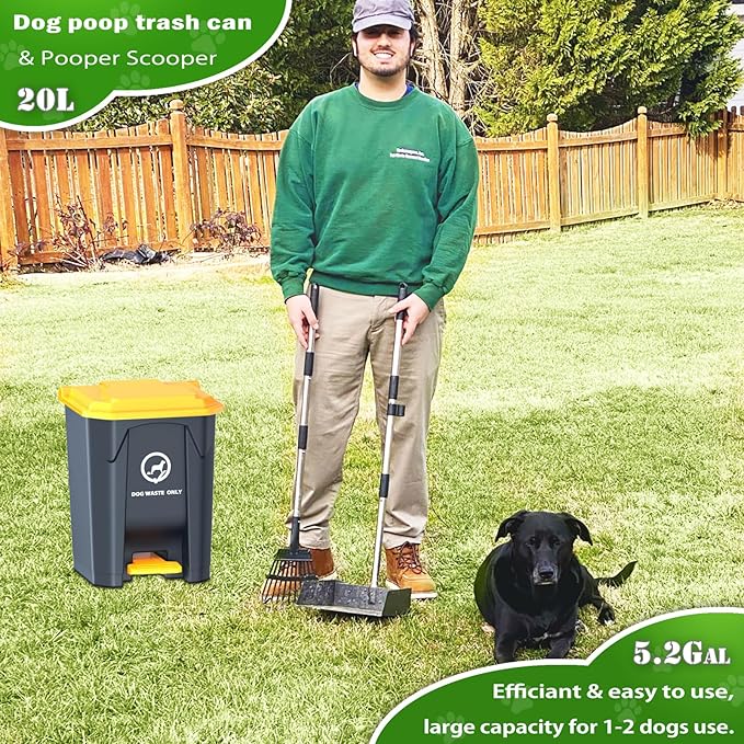 Outdoor Dog Poop Trash Can with Pooper Scooper & 60 Free Poop Bags -20 L/5.2 Gallon Dog Waste Trash Can Pet Waste Disposal Station with Inner Bucket - Metal Dog Pooper Scooper Great Dogs