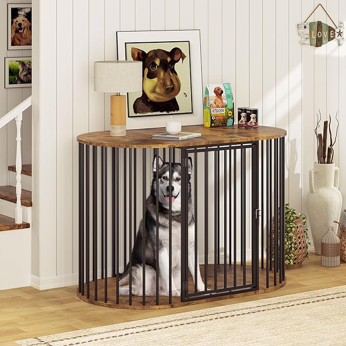 TVU 48 Inch Dog Crate Furniture, Heavy Duty Dog Kennel Indoor for Large Dogs, Oval Decorative Pet House End Table for Living Room, Bedroom, Hallway, 47.2" L x 27.6" W x 31.5" H, Rustic Brown, Black