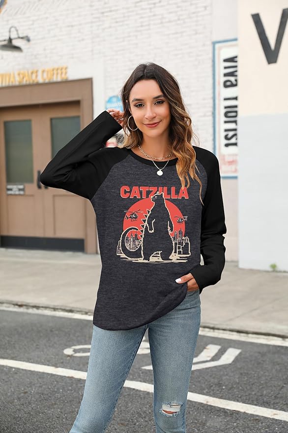 JINTING Cat Shirts for Women - Loose Fit Lightweight Long Sleeve Graphic Tee Fall Printed Crewneck Blouse Casual Tops