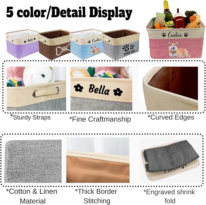 xrlsg Personalized Dog Toy Storage Basket Bin Collapsible with Pet's Name - Rectangular Custom Storage Box Chest Organizer for Dog Toys, Dog Coats, Clothing, Blankets