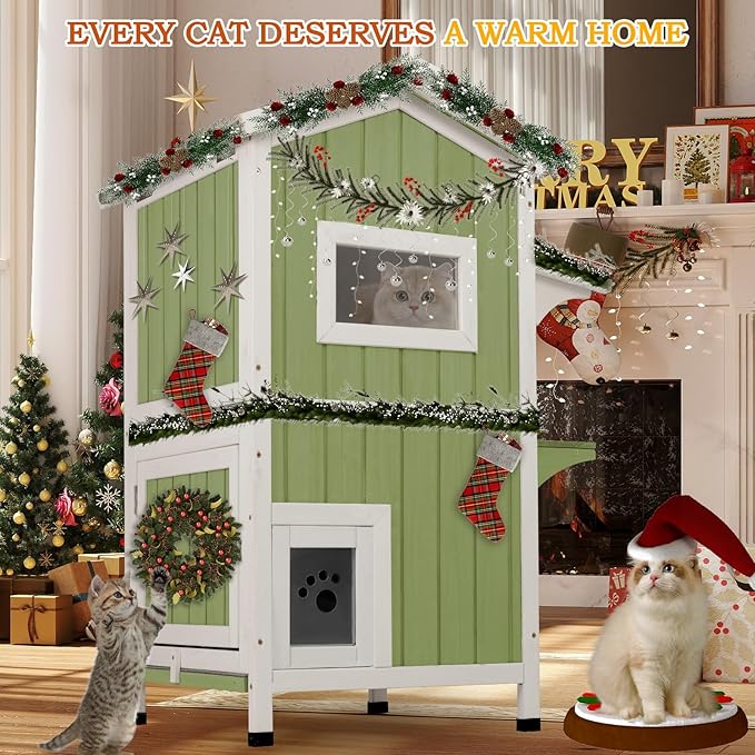 PetsCosset Insulated Cat House Outdoor Weatherproof All-Round Insulation Two Story Outside Wooden Feral Cat Shelter for Winter with 2 Escape Doors, Pull Out Floor and Openable Roof for Cats, Green