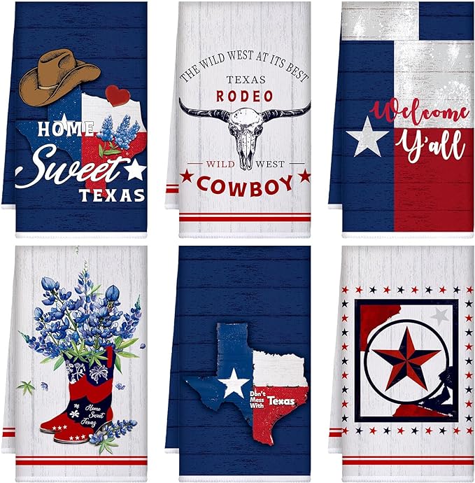 TecUnite 6 Pcs Texas Bluebonnets Kitchen Towels Texas Souvenirs Dishcloth 24 x 16 Inches Gifts Sweet Hand Towels White Blue Red Print Decorative Tea Dish Cloth for Home Decoration