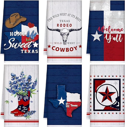 TecUnite 6 Pcs Texas Bluebonnets Kitchen Towels Texas Souvenirs Dishcloth 24 x 16 Inches Gifts Sweet Hand Towels White Blue Red Print Decorative Tea Dish Cloth for Home Decoration