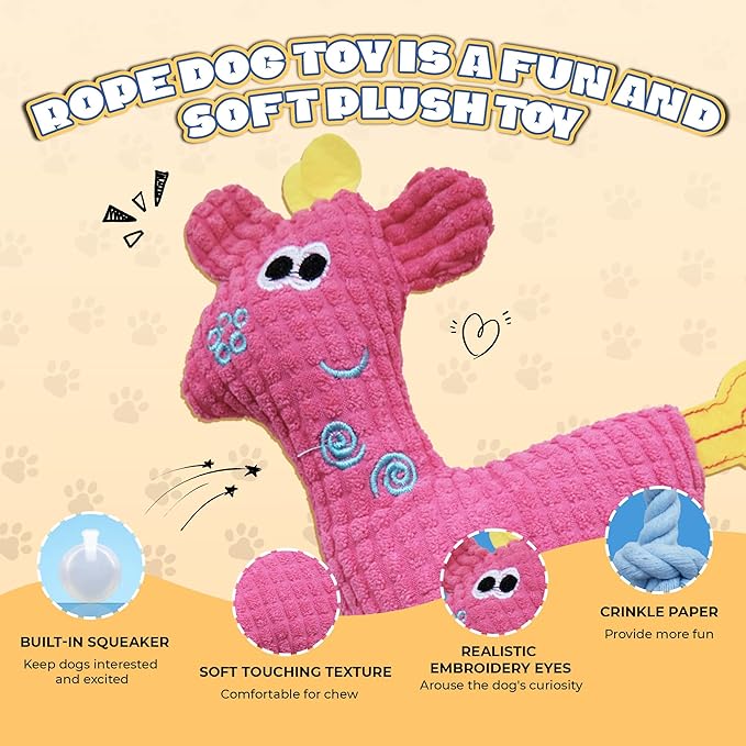 Squeak Plush Dog Toys for Small & Medium Breeds, Chew Rope to Keep Them Busy for Puppy Teething Chewing, Interactive Indoor/Outdoor Play, Best Pet Gift, Pink Deer
