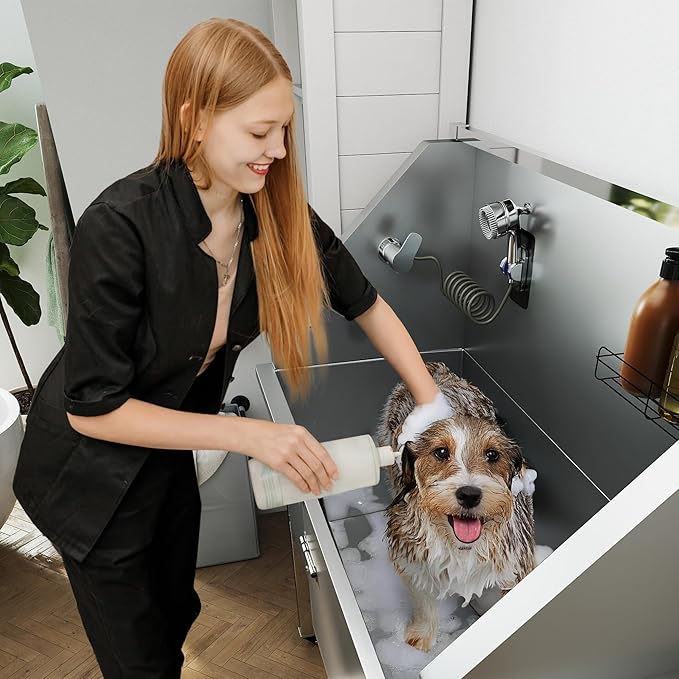 COZIWOW 56" Dog Washing Station, Large Dog Wash Station for Home, Stainless Steel Dog Grooming Tub, Professional Dog Bathing Station with Shower Hose, Washing Gloves, Floor Grate