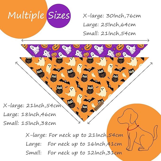 Halloween Dog Bandanas 2 Pack 4 Pattern Ghost Spider PumpkinCandle Bibs Reversible Washable Durable Fall Scarf Suitable for X-Large Breed Dog Boy and Girl