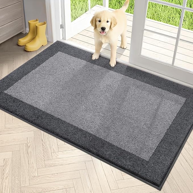 PURRUGS Dirt Trapper Door Mat 34" x 60", Non-Slip/Skid Machine Washable Entryway Rug, Shoes Scraper, Throw Rug, Super Absorbent Area Rug for Muddy Wet Shoes and Paws, Light Grey & Grey