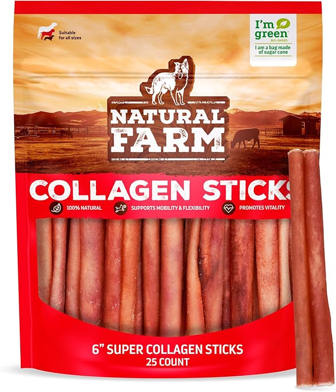 Natural Farm Odor-Free Super Collagen Dog Chews (6-Inch, 25-Pack) The First Ever Real Bull Sticks Alternative: 100% Natural Angus Hide Collagen Treats - More Protein, More Chew Time for All Dogs