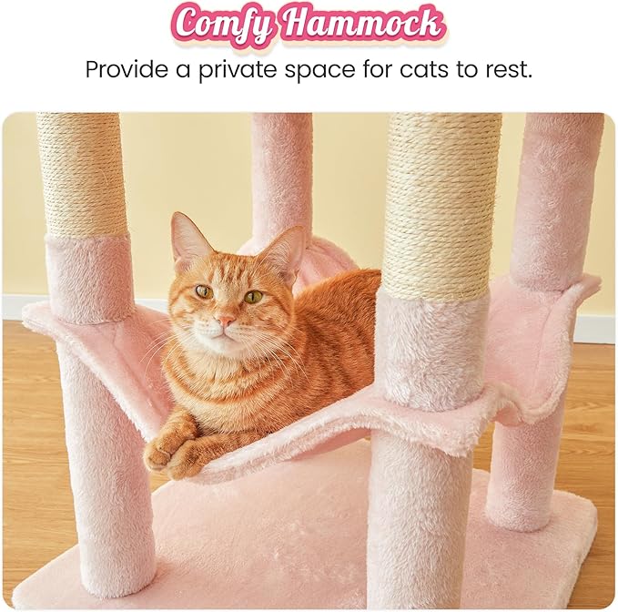 MWPO 63.8-Inch Pink Cat Tree for Indoor Cats, Multi-Level Cat Tower with Sisal-Covered Scratching Posts, Padded Platform, Hammock, Dangling Toys, Stable Cat Condo Pet Play House