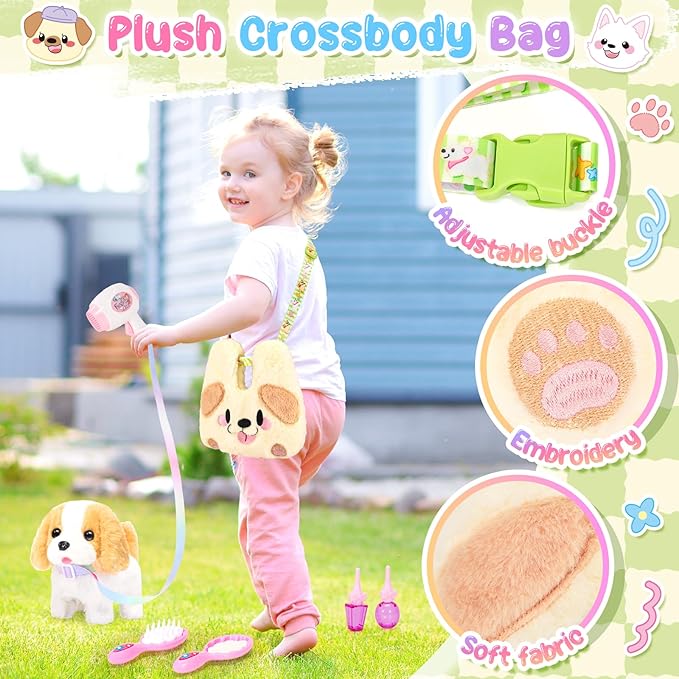 Plush Dog Toys for Kids with Crossbody Bags, Puppy Toys Robot Dog with Leash Walking Barking Tail Wagging, Pretend Play Pet Care Cute Stuff Electronic Interactive Toddler Birthday Gifts